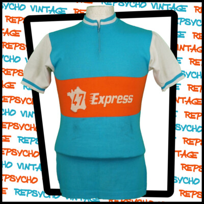 Vintage COURTELLE 1970's 100% Acrylic CYCLING JERSEY Blue/Orange Size S-M  150 G UK