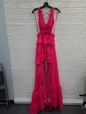 New Mac Duggal V-neck Hi-Lo Ruffled Hot Pink Dress Size 2