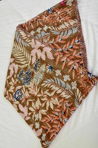 Handmade Kantha Quilt Floral &Plant Print Bedspread Bedcover Throw Coverlet Size - Picture 2 of 3