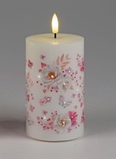 LED Kerze m.Rosen-Design, Blumen u.Schmetterlingen, 7x10 cm