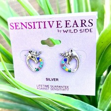 Sterling Silver Heart Unicorn Post Earrings with multicoloured rhinestones NWT