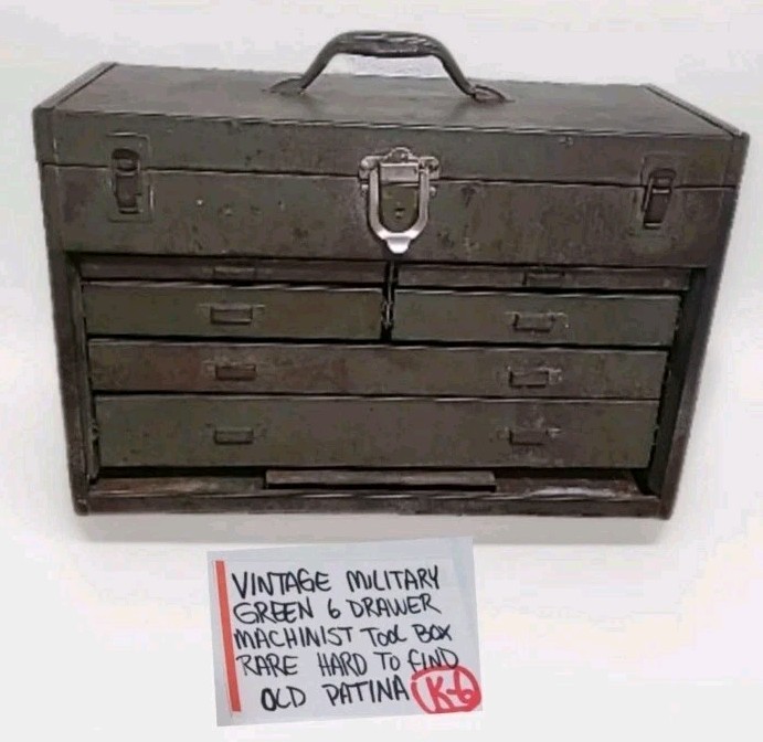 ビンテージ ツールボックス メタルボックス ステンシル NAVY コーストガード Vintage Military Green 6 Drawer Machinist Tool Box Rare HTF Old