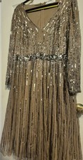 Mac Duggal Women's Long Sleeve V-Neck Tea Length Dress Dark Taupe Size 22