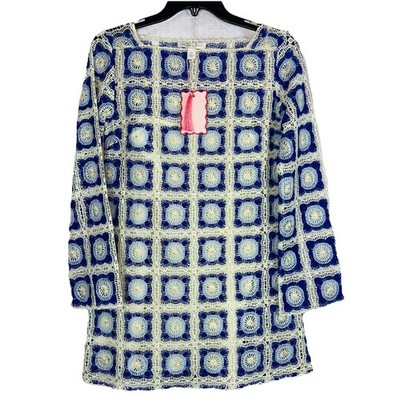 NWT Chelsea & Violet Twiggy Blue White Granny Square Crochet Shift Dress Size XS
