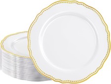 60pcs Gold Plastic Plates White  Gold Disposable Dinnerware W/ Gold Rim