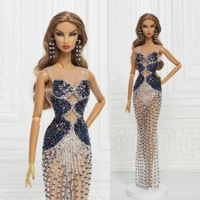 12" DOLL EVENING GOWN DRESS FASHION ROYALTY DOLL NUFACE BLACK SILVER BEAD D407