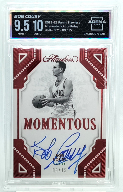 /15 Bob Cousy Auto Arena 9.5 10 2022-23 FLAWLESS Autograph CELTICS MA-BCY SP