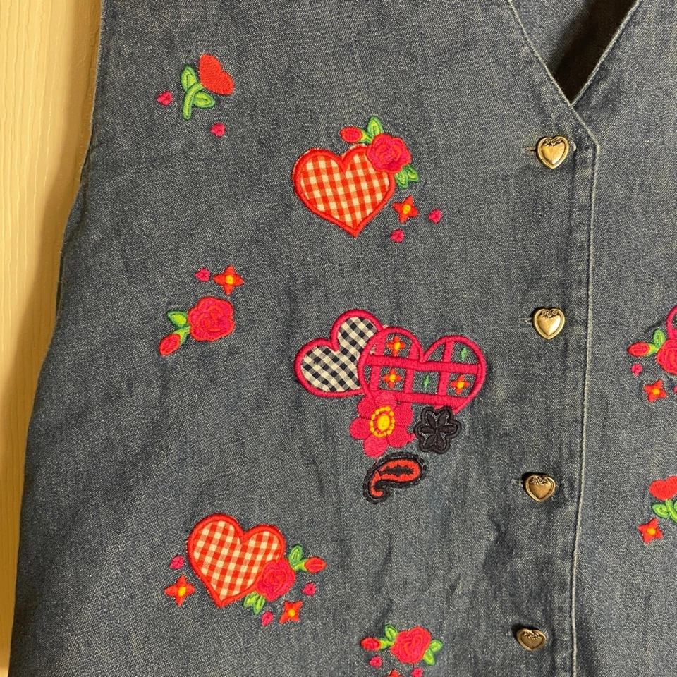 Chaleco Karen Scott Vintage Años 90 Mujer Grande Azul Denim Bordado Corazones Rosa Top Foto 3 de 4