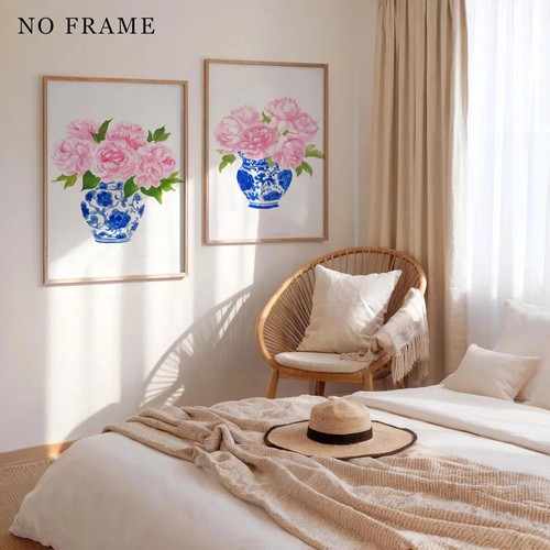 Chinoiserie Wall Art Blu e 16L" x 24W", Fiore Cinese  - Foto 4 di 7