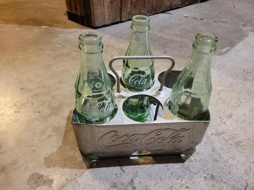 Vintage 1950s Coca-Cola Metal 6 Pack Bottle Carrier Coke Caddy with 3 Bottles