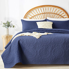 Wuruibo Navy Blue Quilt Set Queen Size Embossing Microfiber Full Bedspreads