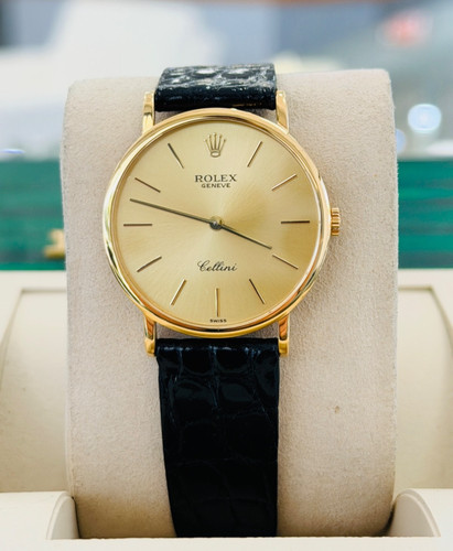 Rolex Cellini 5112 18K Yellow Gold Black Leather Band Watch Box and Papers