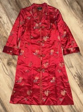 Vintage Red Silk Jacquard Dragon Phoenix Robe Coat Hong Kong Chinese Style Sz 34