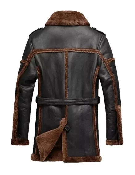 Men's Real Leather Shearling Trench Coat:Black Sheepskin Winter Jacket with Fur - Image 3 of 4