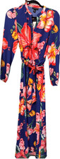 Halston Blue Pink Floral Button Belted Long Sleeve Maxi Crew Neck Dress S