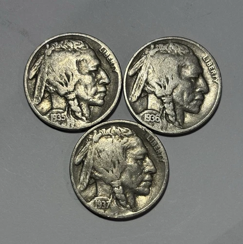 Lot of 3 Buffalo Nickels - Nice Full Date Coins - 1935P, 1936P & 1937P