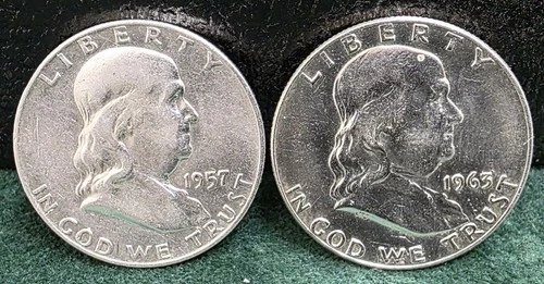 Lot of Two (2) 1957 & 1963 Franklin Half Dollars, XF/AU Condition, 90% Silver