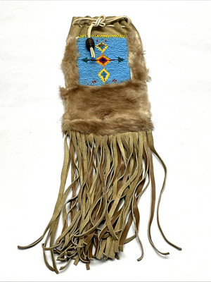 Native American Beaded Fringed Hide Tobacco Medicine Pouch Fur Trim Sioux Style