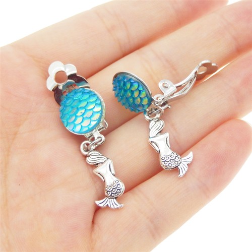 1pair Colorful Oval Shaped Fish Mermaid Scale Hook Cabochon Earring Clip Jewelry - Picture 3 of 13