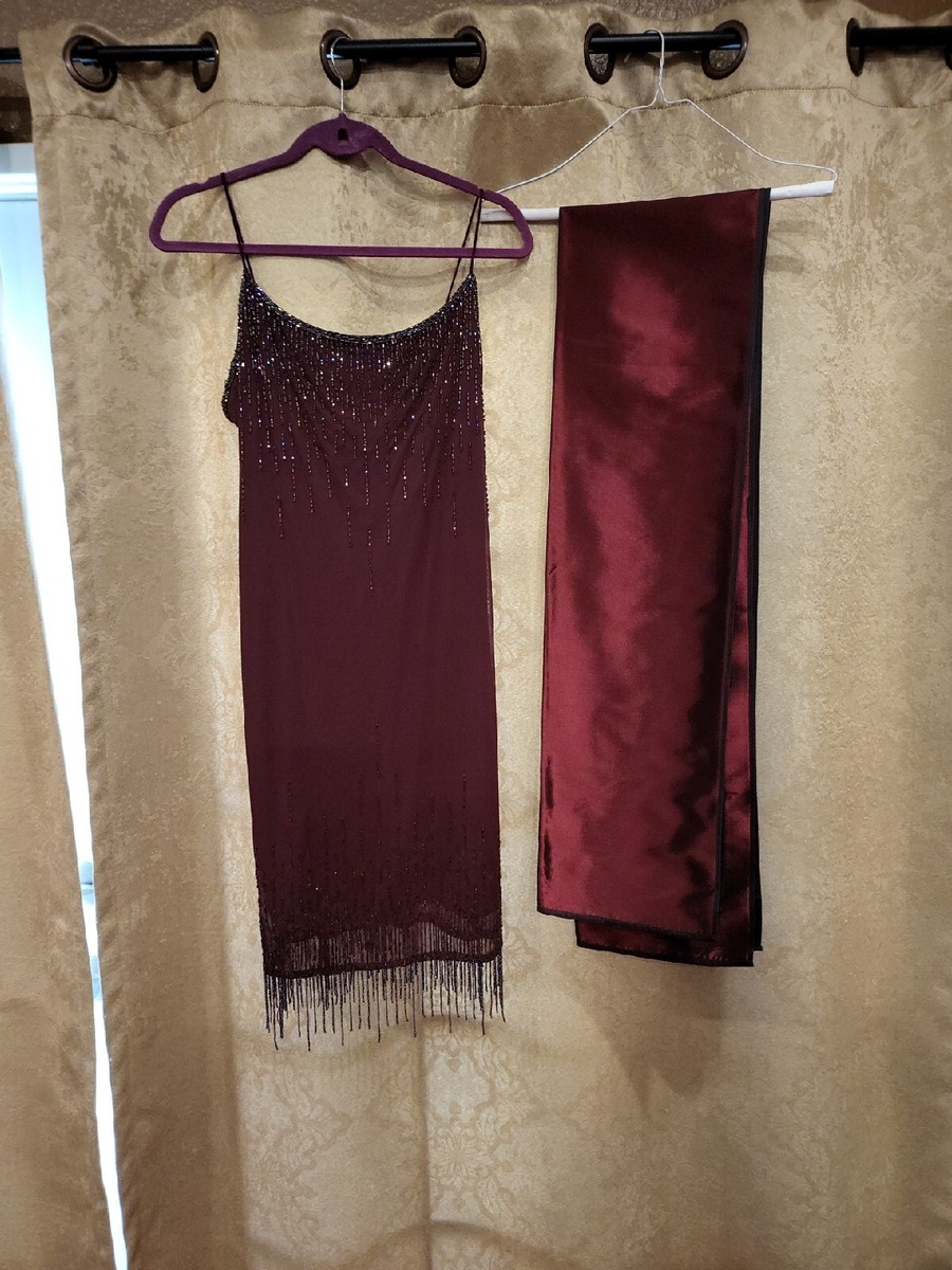 Georgiou Vintage 80s wiggle Dress Sequins Burgundy Size 10 With Scarf