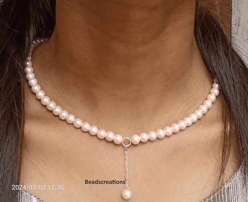 Smooth Pink Pearl Beads Chain Necklace Beaded Pearl Jewelry Gift for Her - Picture 2 of 4