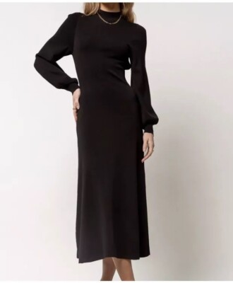 bohme black dress Bohme Black Sheath Midi Dress Women's Size Small Long Sleeves Tie Waist NWT