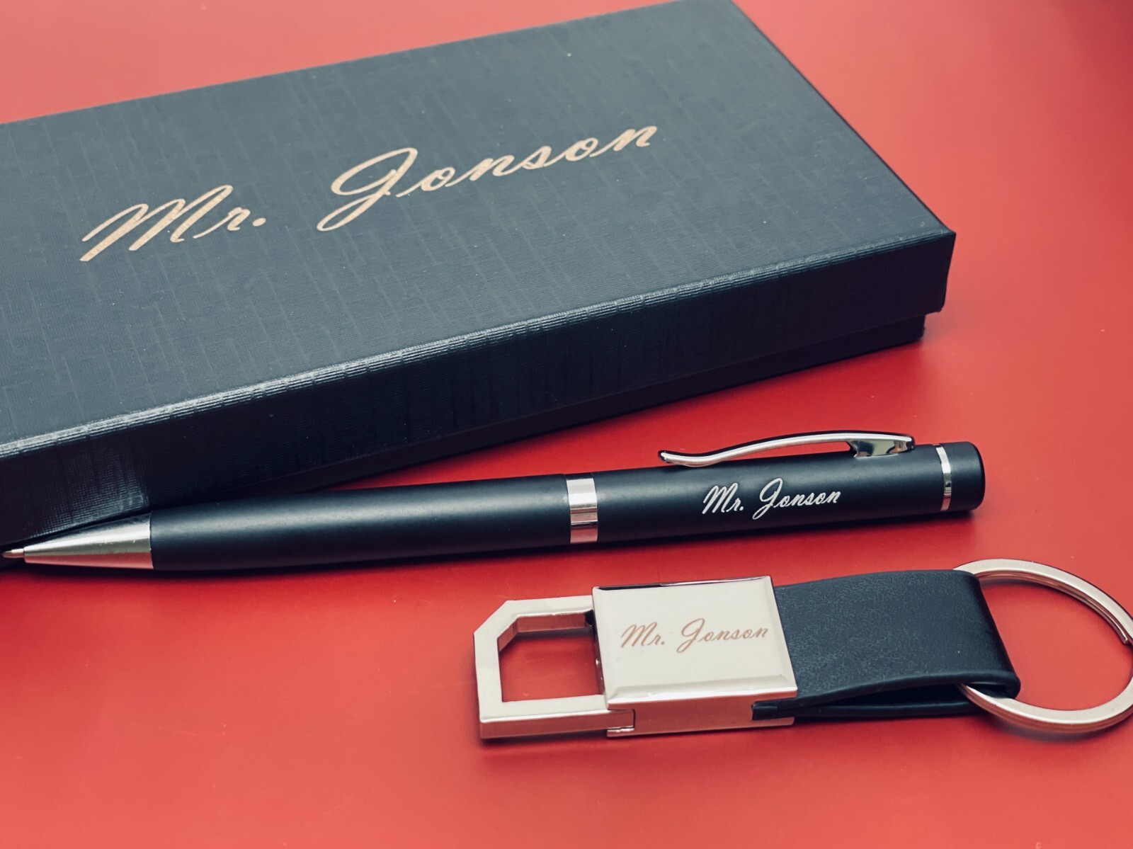 Personalized Pen Keychain Set, Engraved Pen, Black Leather Keychain