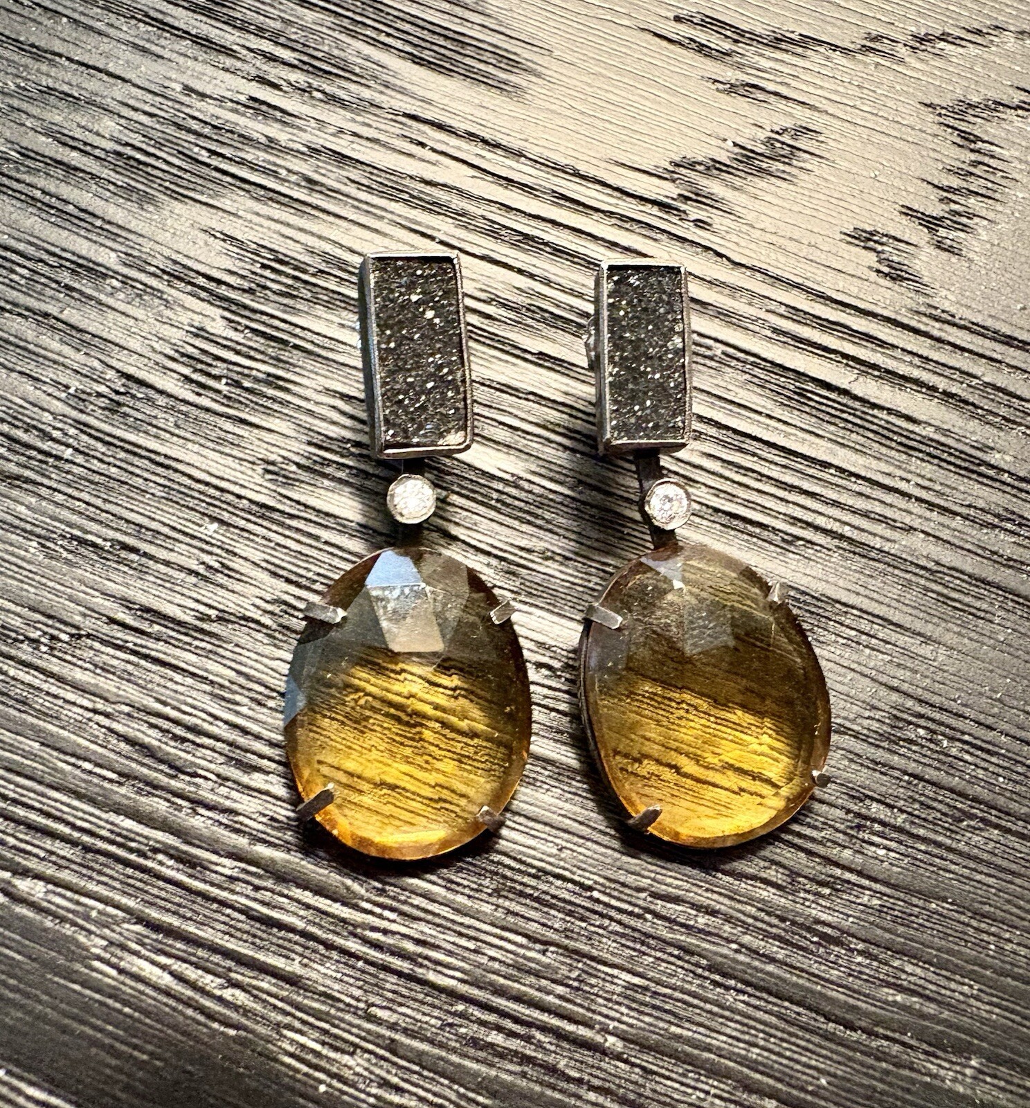 Daphne Krinos Citrine Druzy Diamond Stud Earrings