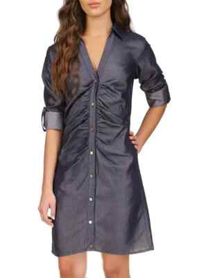 Michael Michael Kors Womens Indigo Rinse Ruched Mini Shirt Dress Size  Medium | eBay