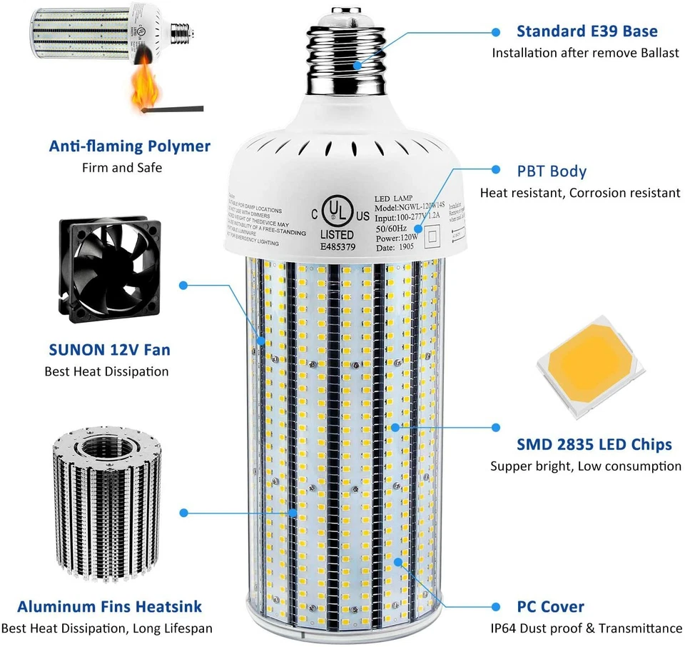 Corn Cob LED Light 120W 15137LM 5000K Large E39 Base Retrofit High Bay Bulbs UL - Image 3 of 4