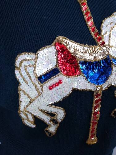 Vintage Strick Bling Pullover Karussell Pferd Kunst zum Tragen Perlen Pailletten Gr. L schwarz - Bild 3 von 6