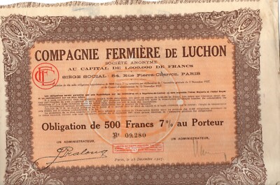Anleihe Compagnie Fermière de Luchon, 500 Francs von 1927 mit Coupons