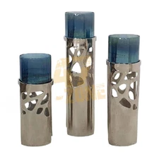 S/3 Aluminum Stand Glass Votive Candle Holder Blue Gray Silver Tabletop Decor