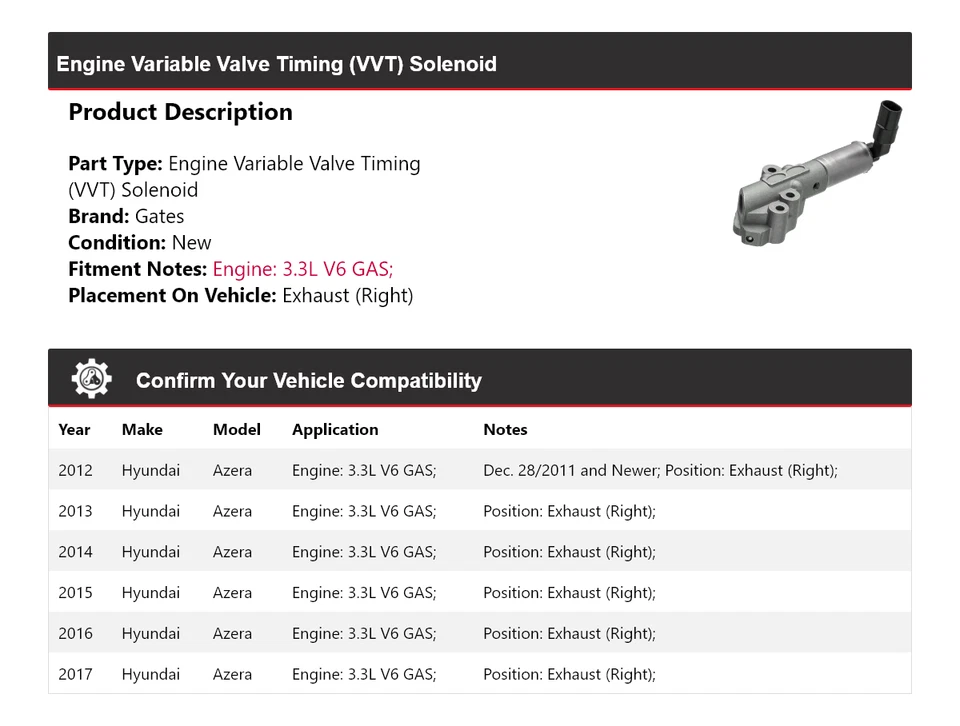 Puertas solenoides de distribución de válvula variable (VVT) para motor Hyundai Azera 2012-2017 Foto 2 de 4