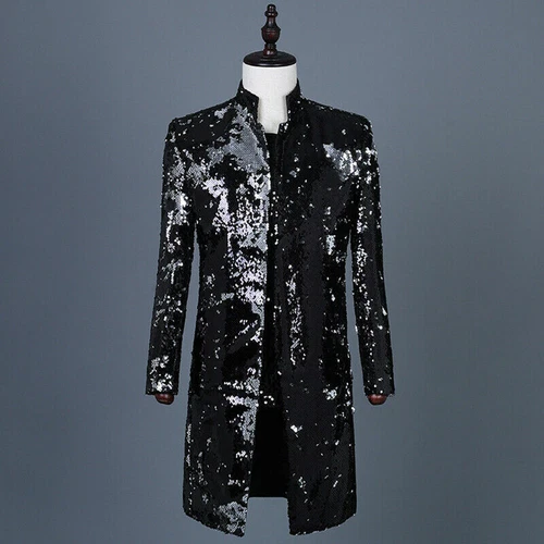 Men Reversible Two Tone Sequin Longline Jacket Suit Blazer Cabaret Carnival Tops - Picture 12 of 21