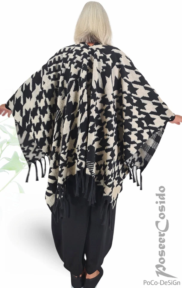 LAGENLOOK Poncho Pullover Überwurf Jacke 42 44 46 48 50 52 54 56 58 schwarz ecru - Bild 4 von 4