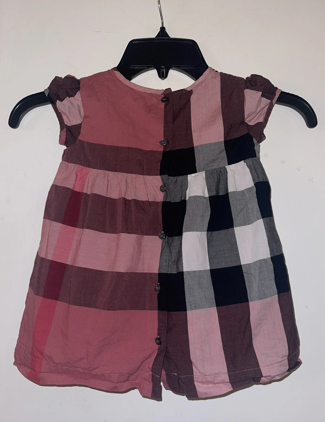 Abito a turni Burberry Judie manica a scacchi smocked nova rosa bambina 18 M