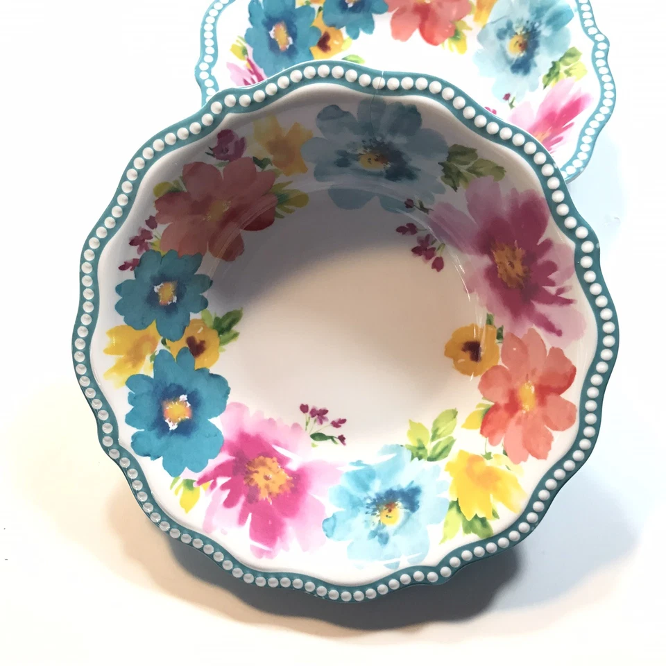 Set of 2 PIONEER WOMAN Vintage Floral Teal and Pink Cereal or Salad Bowls - Image 4 of 4