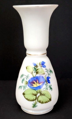 Bristol White Satin Glass 7'' Vase Hand Painted Blue Floral Design