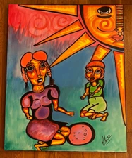 Vintage Original Urban Pop Art "Game of Marbles" Acrylic Art Deco Signed Juan M