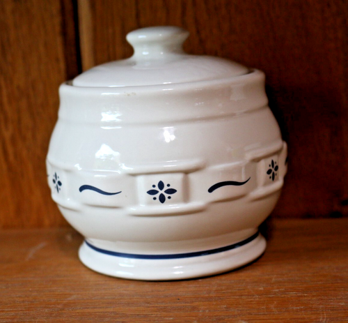 Longaberger Pottery Woven Traditions Classic Blue Sugar Bowl W/Lid - Picture 2 of 6