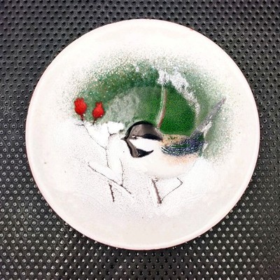 VTG Norman Brumm Enamel On Copper Winter Scene Chickadee Bird Plate SIGNED *READ