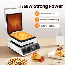 4 Slice Waffle Maker Machine Electric Non-Stick Square 1750W 2 Sides Commercial