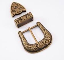 Western Belt Buckle Three Piece Set Antique Brass Floral Design Unisex 1 1/2"