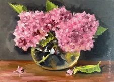 Pink Hydrangea Flowers in glass vase Painting Floral Original Art Oil Still life