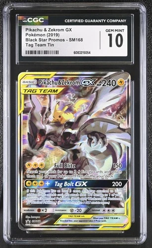 CGC 10 GEM MINT Pikachu & Zekrom GX 2019 Promo SM168 Tag Team Pokemon Card psa