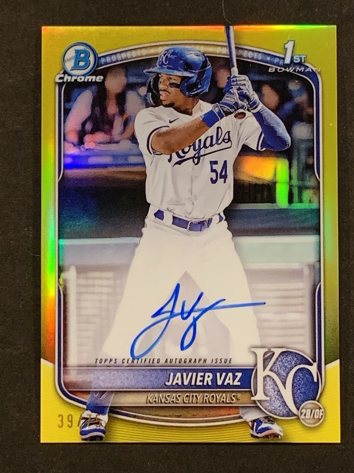 2025 Bowman Javier Vaz 1st Chrome Auto Yellow Refractor 39/75 Royals