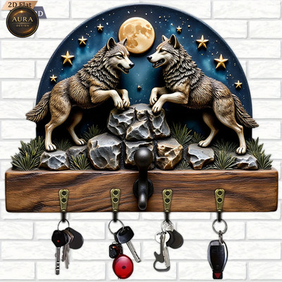 30cm Wall Keychain - Moonlight Wolves Organizer 2D 4 Hooks Entrance