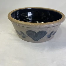 Rowe Pottery Salt Glazed Blue Heart Stoneware Bowl Crock 9"x4"