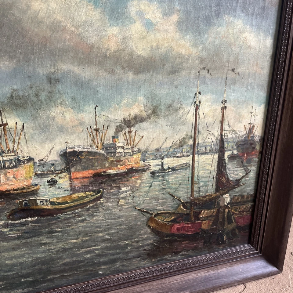 Antique Original Signed Oil On Canvas Painting Of Dutch Harbor   41x 29 framed. - Image 3 of 4